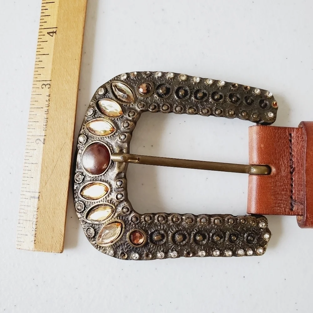 Fabio Corti Genuine Leather Belt Brown Jeweled Beaded Oversized Buckle‎ Italy